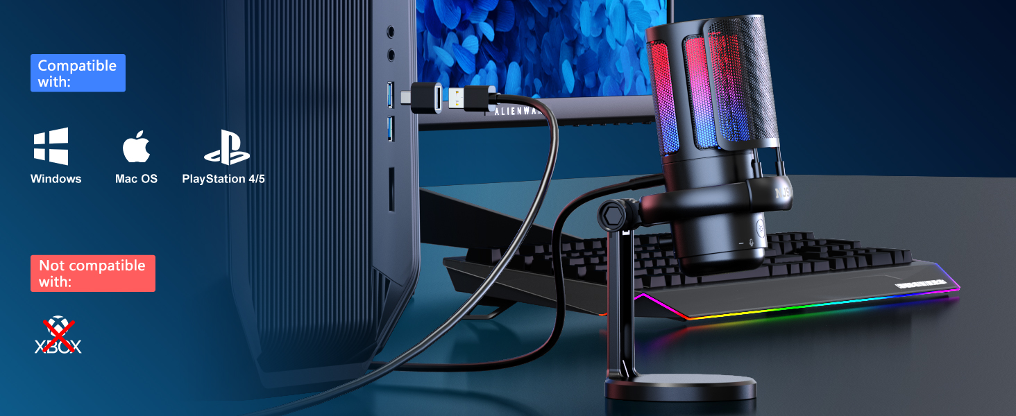 Мікрофон для ПК NJSJ Gaming RGB, для стрімінгу та запису, USB, сумісний з PS4/PS5/Mac, з регулятором гучності, чорний