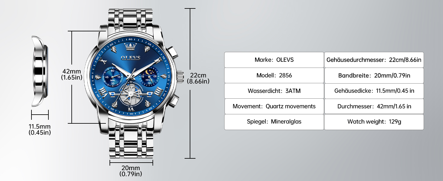 Годинник чоловічий OLEVS 2856 з фазами місяця, хронограф, кварц, нержавіюча сталь, водостійкий, блакитно-сріблястий