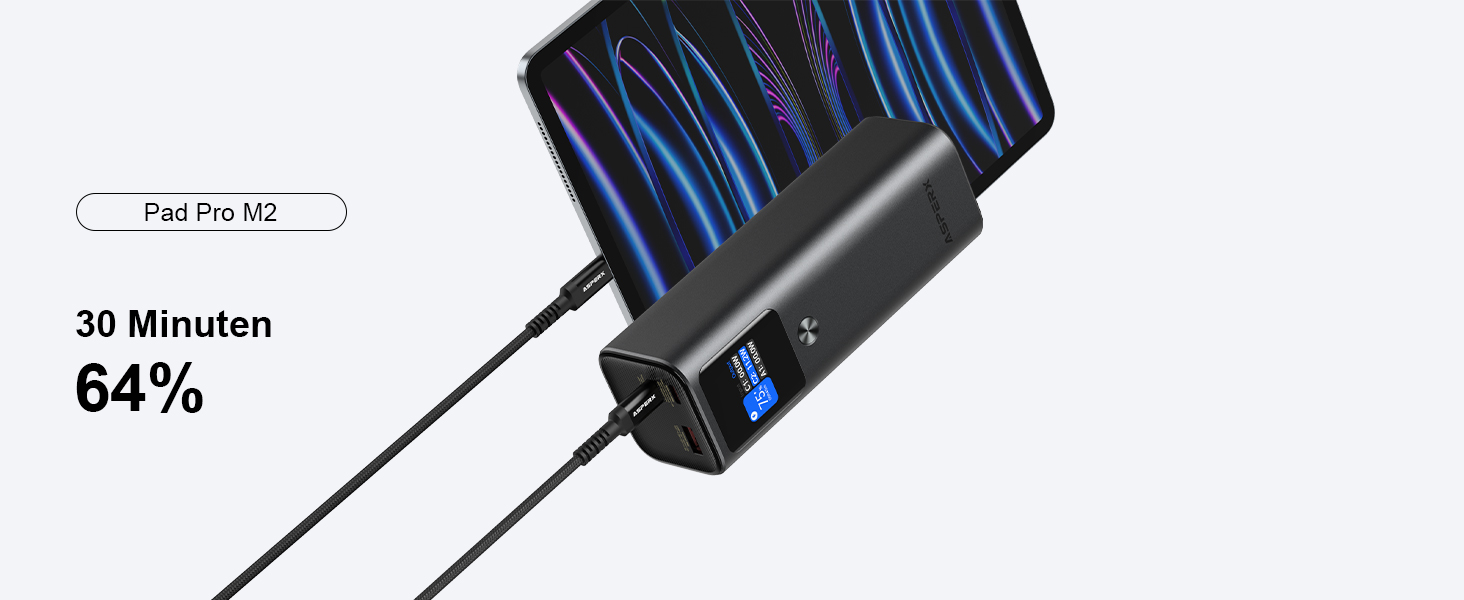 Power Bank AsperX 20000mAh, 165W, USB-C Кабель, для MacBook, Dell, HP, Lenovo, iPad, iPhone, Galaxy