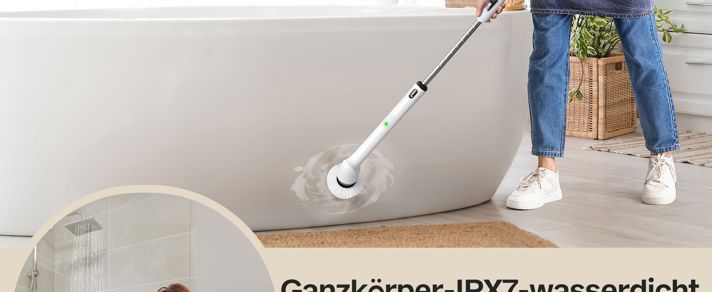 Електрична щітка для прибирання LyriFine, водонепроникна IPX7, з довгим руків'ям, 2 швидкості, з набором змінних насадок, для ванної кімнати, білий