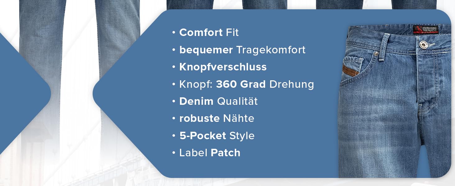 Чоловічі джинси Alessandro Salvarini Comfort Fit прямого крою, середній блакитний, 38W/32L