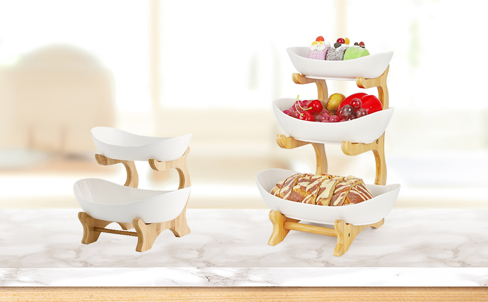 Багатоярусна фруктова миска з кераміки для кухні, 3 яруси, з дерев'яними підставками, для овочів, фруктів, снеків, декор