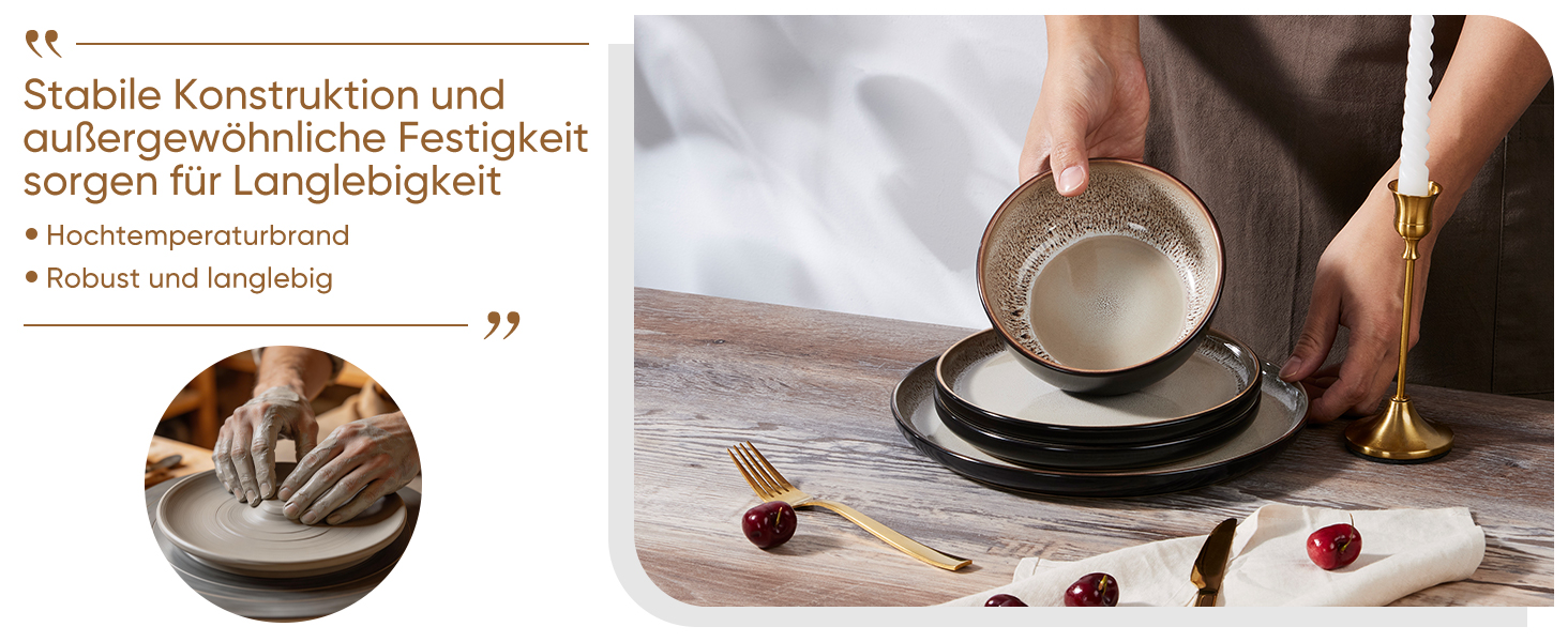 Набір посуду HaWare на 6 осіб, 18 предметів: тарілки, десертні тарілки, миски. З реактивною глазур’ю, стійкий до миття в посудомийній машині та використання в мікрохвильовій печі, бежевий колір.