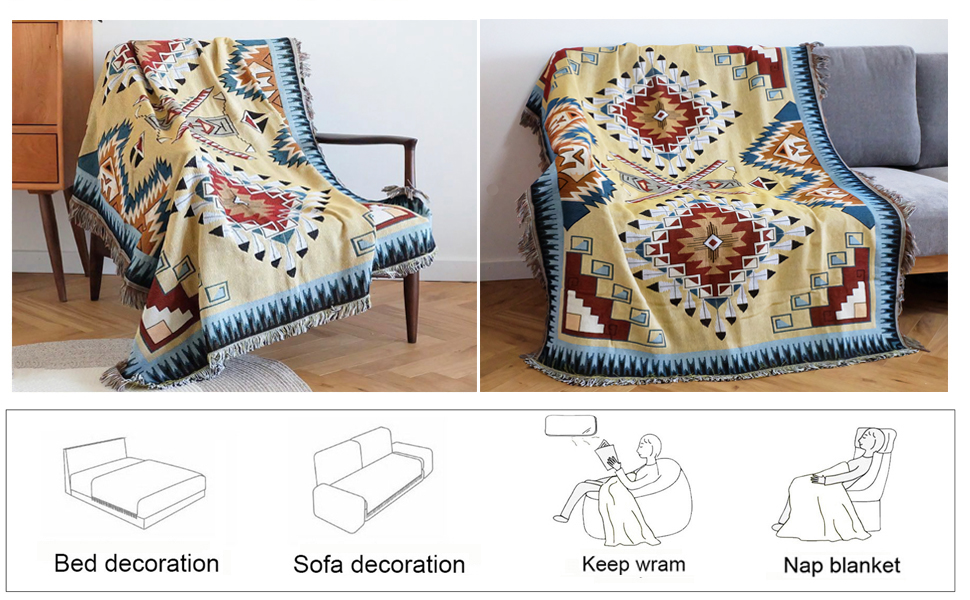 Плед Boho для дивана 130×180 см, в'язаний плед з китицями, декоративний накидка для ліжка, дивана та крісла