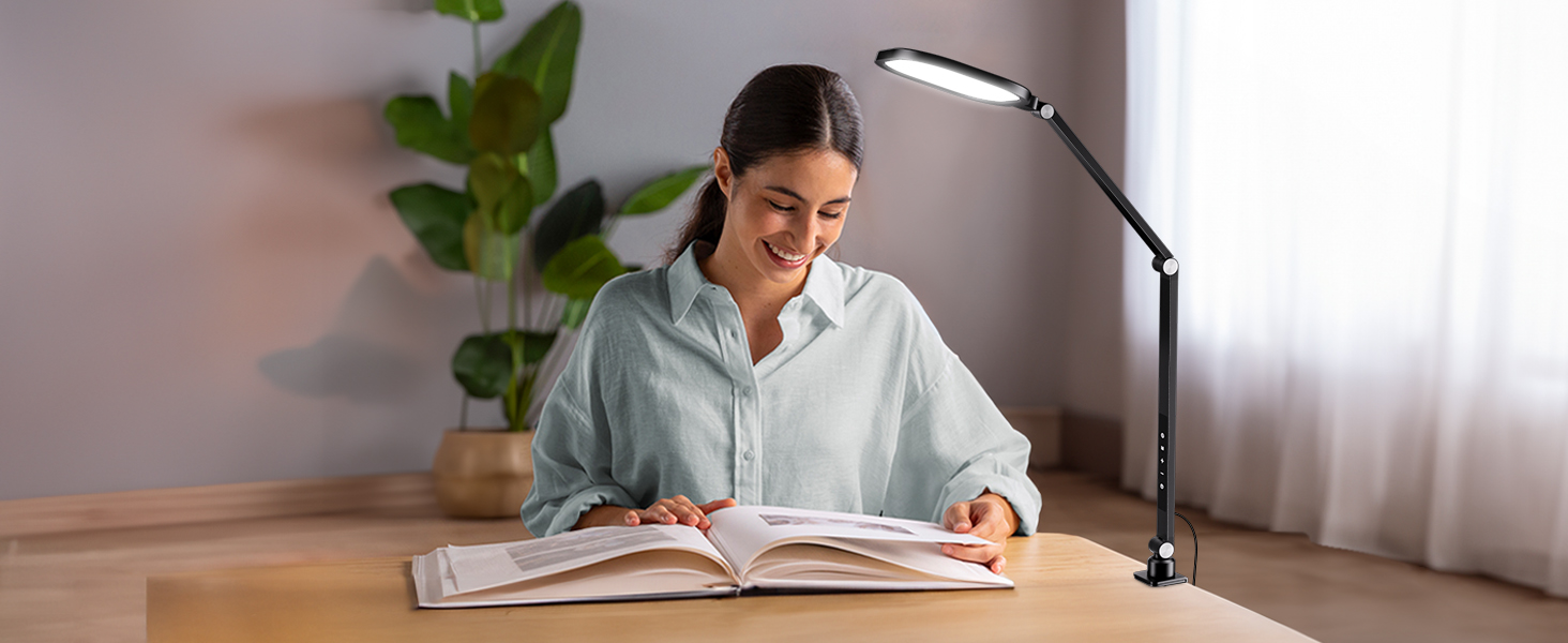 Світлодіодна лампа настільна з регулюванням яскравості, захистом для очей, 3 режими кольору, сенсорне керування, пам'ять, 15W, поворотний кріплення, чорний колір, 1 шт.