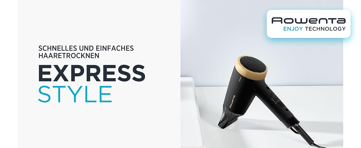 Фен Rowenta Express Style CV1811: 1900 Вт, іон-технологія, холодний струмінь, компактний дизайн, чорний/золотий