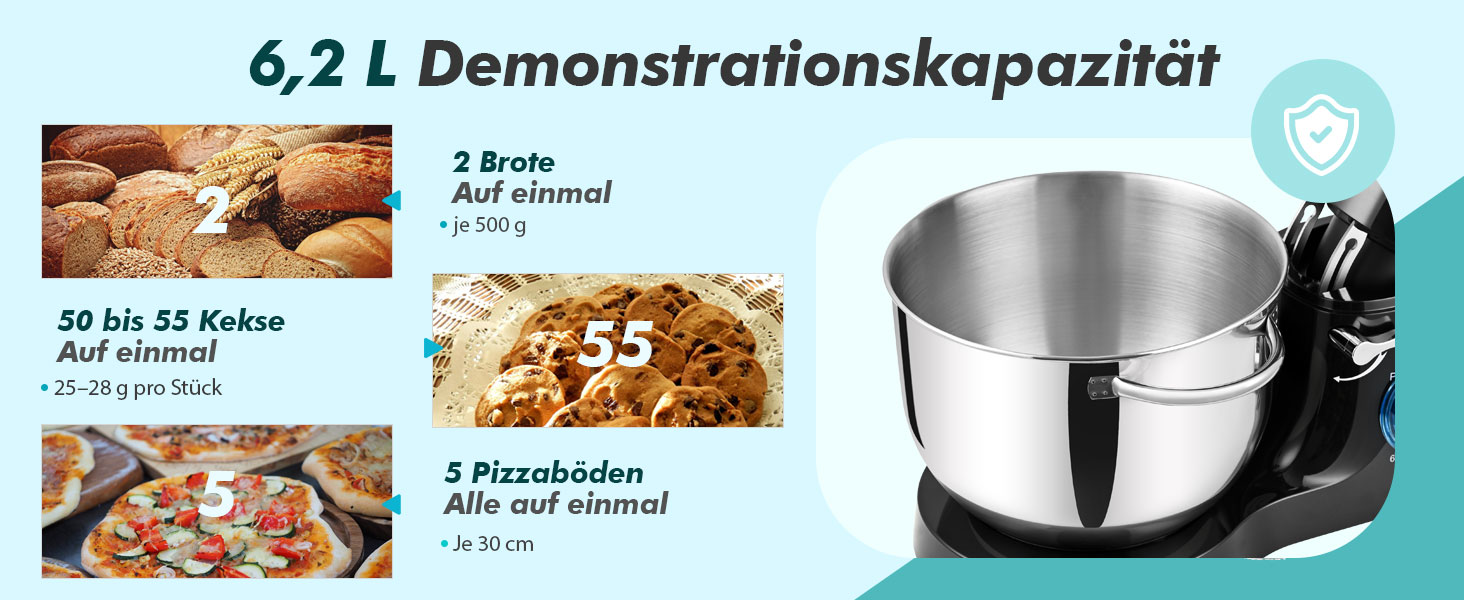 Кухонна машина Küchenmaschine 6.2 л, 1400 Вт, 6 швидкостей, з набором насадок (міксер, гак для тіста, вінчик), чорний колір