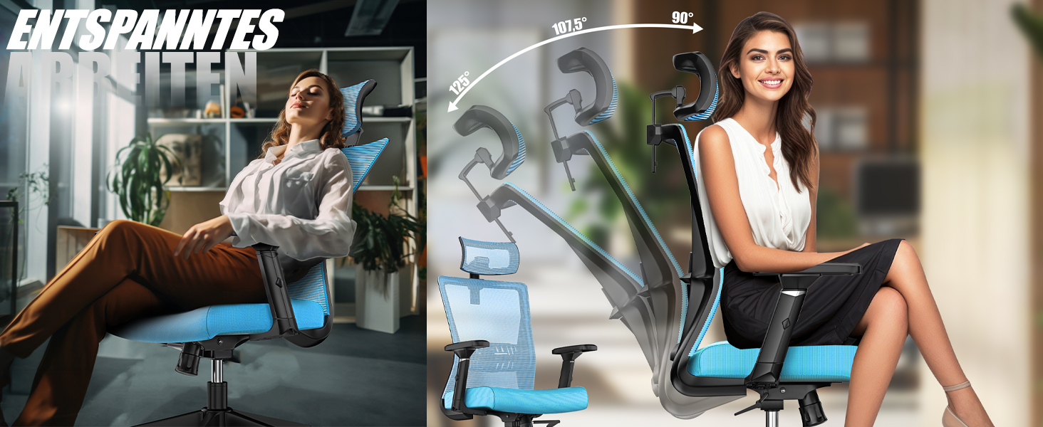 Офісне крісло KESSER® ергономічне з регульованими підлокітниками, підтримкою попереку та підголівником | Крісло для офісу з функцією гойдання до 125° та 5 колесами | Синій/Чорний