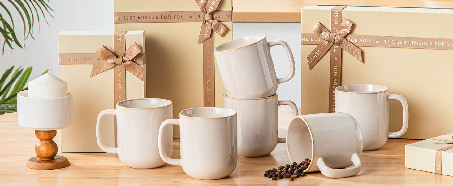 Набір кавових чашок Vancasso PLAYA, 6 шт, 480 мл, з ручкою, з кераміки, для мікрохвильовки та посудомийної машини, бежевий