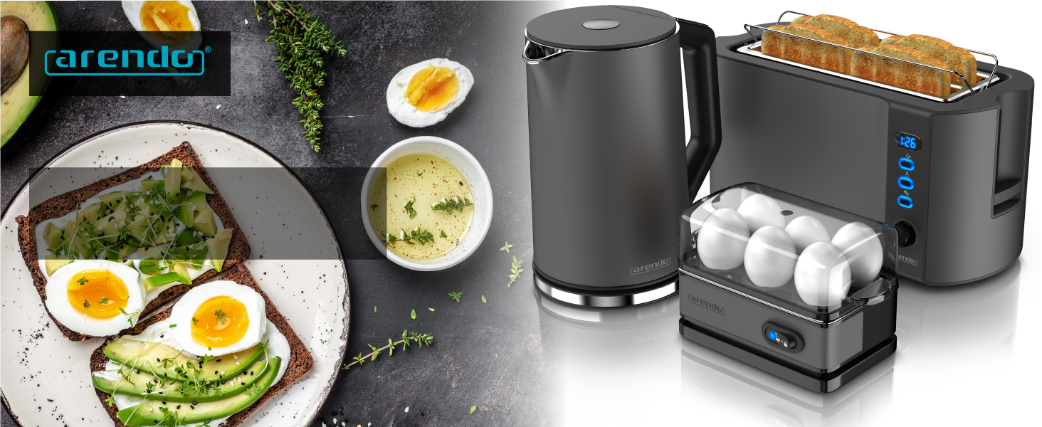 Набір Arendo: чайник, тостер та яйцеварка, нержавіюча сталь, сірий, 1.5л, 40-100°C, 4 тости, LED-дисплей, 6 рівнів підсмажування, для 1-6 яєць