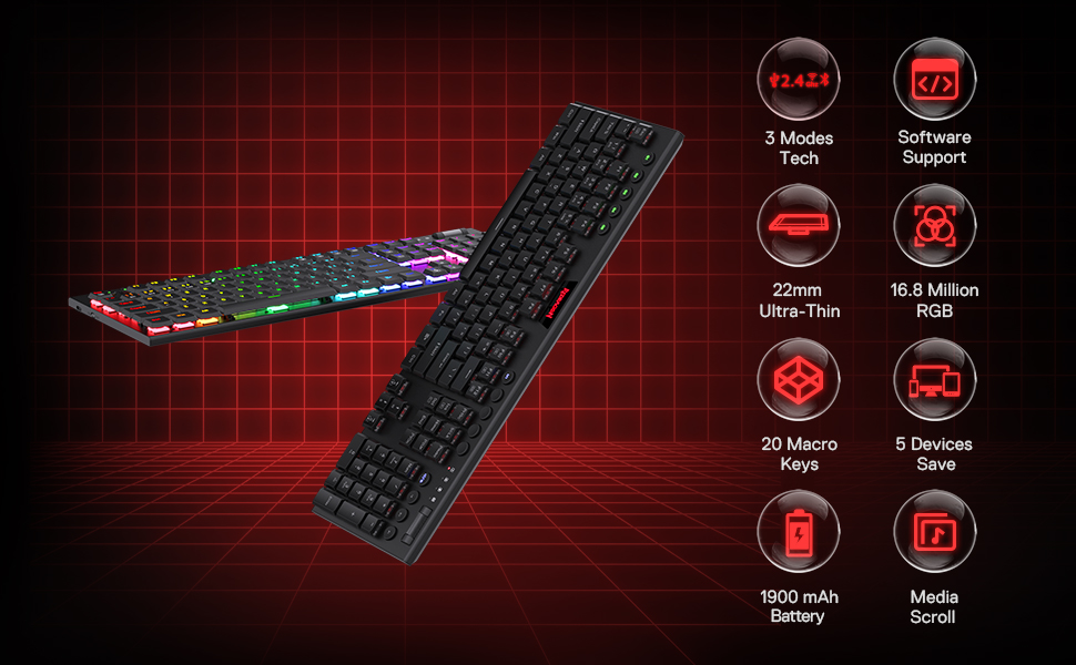 Redragon K618 Horus - Механічна ігрова клавіатура з RGB підсвічуванням, 3 режими підключення (BT/2.4GHz/кабель), плоскі клавіші, лінійні червоні перемикачі, медіа-керування