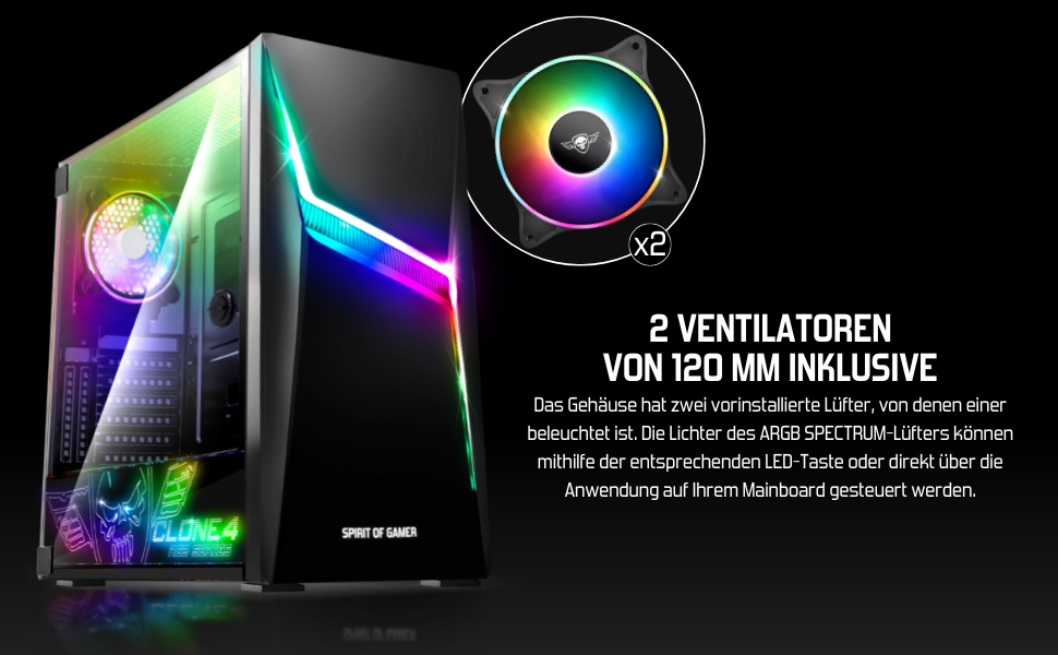 Корпус для ПК Spirit of Gamer Clone 4 RGB з прозорою стінкою з загартованого скла. Підтримує ATX/mATX/ITX. В комплекті 2 вентилятори 120 мм.