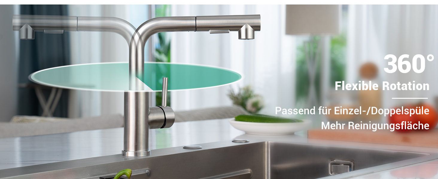 Кухонний змішувач Dayone з висувною лійкою, нержавіюча сталь SUS304, високий тиск, 2 функції, поворотна лійка 360°, L-подібна форма, G6808bn