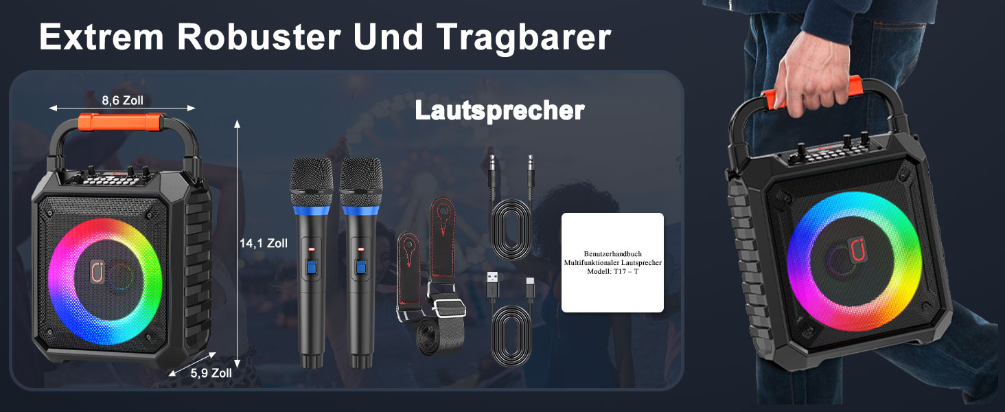 Караоке машина JYX з 2 бездротовими мікрофонами, портативна Bluetooth колонка з RGB-підсвіткою, караоке система для дому, вечірки, PA-система для дорослих, Partybox чорного кольору