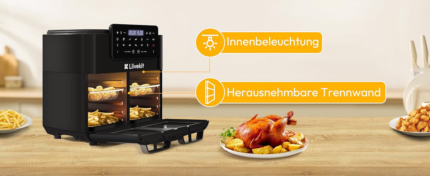 Фритюрниця повітряна LLIVEKIT 15L з 2 камерами, з оглядовим вікном, 2600W, 12-в-1, чорна, з таймером та 8 аксесуарами