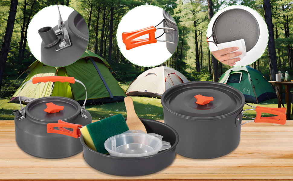 Набір кухонного посуду для кемпінгу: каструля, сковорода, чайник для пікніків, походів та риболовлі