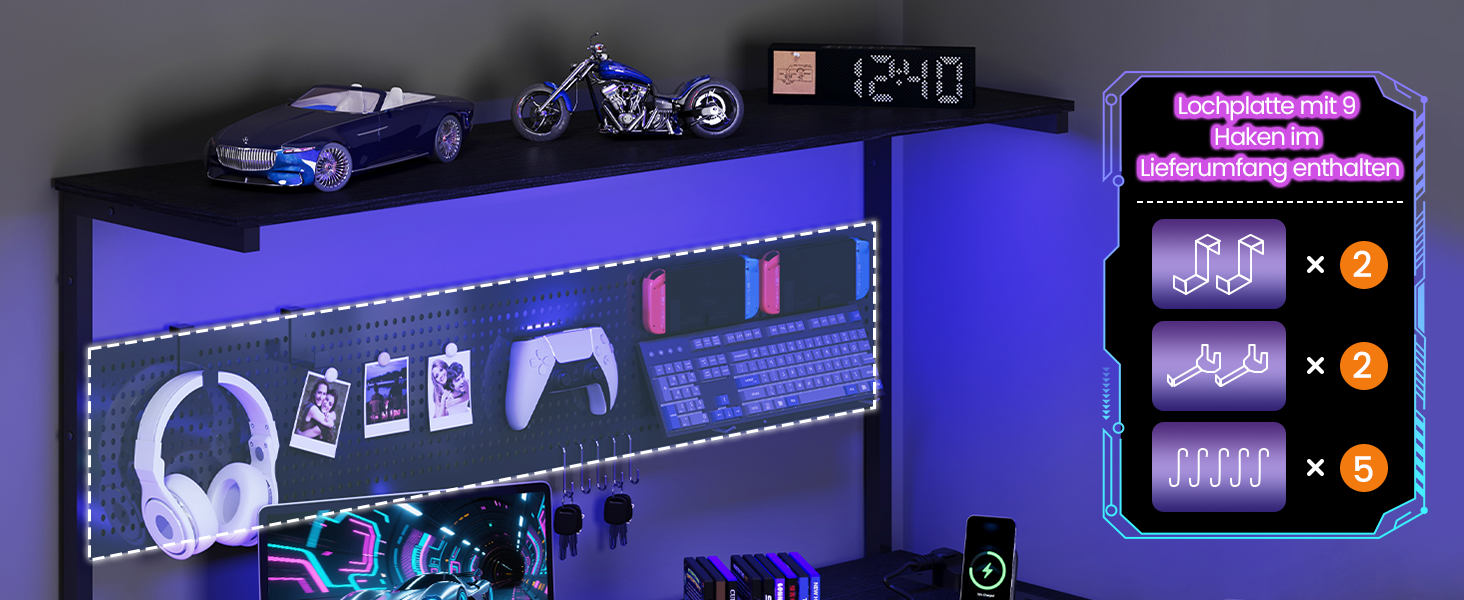 Ігровий L-подібний стіл YOUDENOVA з LED-підсвіткою, розеткою, полицями та перфорованою панеллю, 120x80 см, чорний — комп'ютерний стіл для геймерів та домашнього офісу