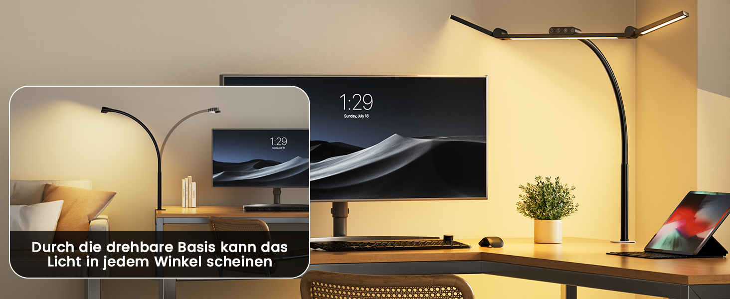 LED лампа настільна TYEE з регулюванням яскравості, 24W, 3-світлодіодний балка, 1500LM, захист очей, денне світло, з пультом дистанційного керування, 5 кольорів, 5 рівнів яскравості, для офісу та дому, чорна