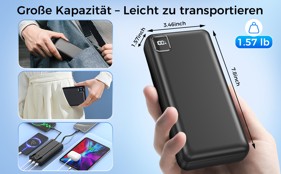 Повербанк Powerbank 50000mAh P500C з вбудованими кабелями та LED-дисплеєм, швидка зарядка USB-C, зовнішній акумулятор для iPhone, Android та планшетів, чорний
