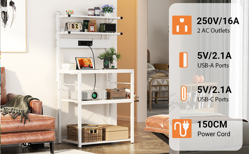 Кухонна полиця-органайзер з розеткою, стійка для мікрохвильовки, 5-ярусна кавобар з LED-підсвічуванням, полиця для спецій, каструль та сковорідок (60см, білий)