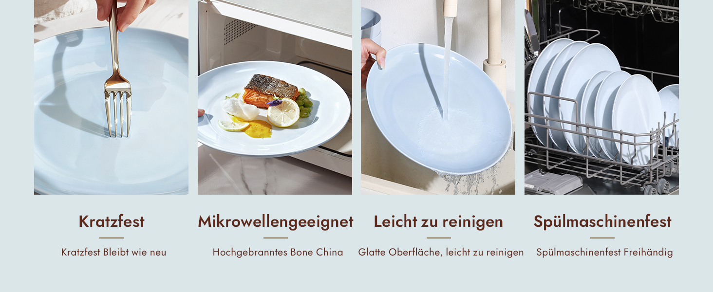 Набір посуду HIKAA на 6 осіб, 18-ти предметний сервіз з кісткового фарфору, комплект тарілок, безпечний для мікрохвильової печі та посудомийної машини, сервіз для дому, весілля, легкий та довговічний (блакитний)