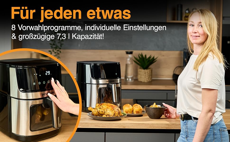 Фритюрниця повітряна DIESEMANN XXL 7.3L – 2000W з 2 нагрівальними елементами (верхній та нижній нагрів), вікно огляду та 8 програмами – для смаження, випікання та грилю без олії