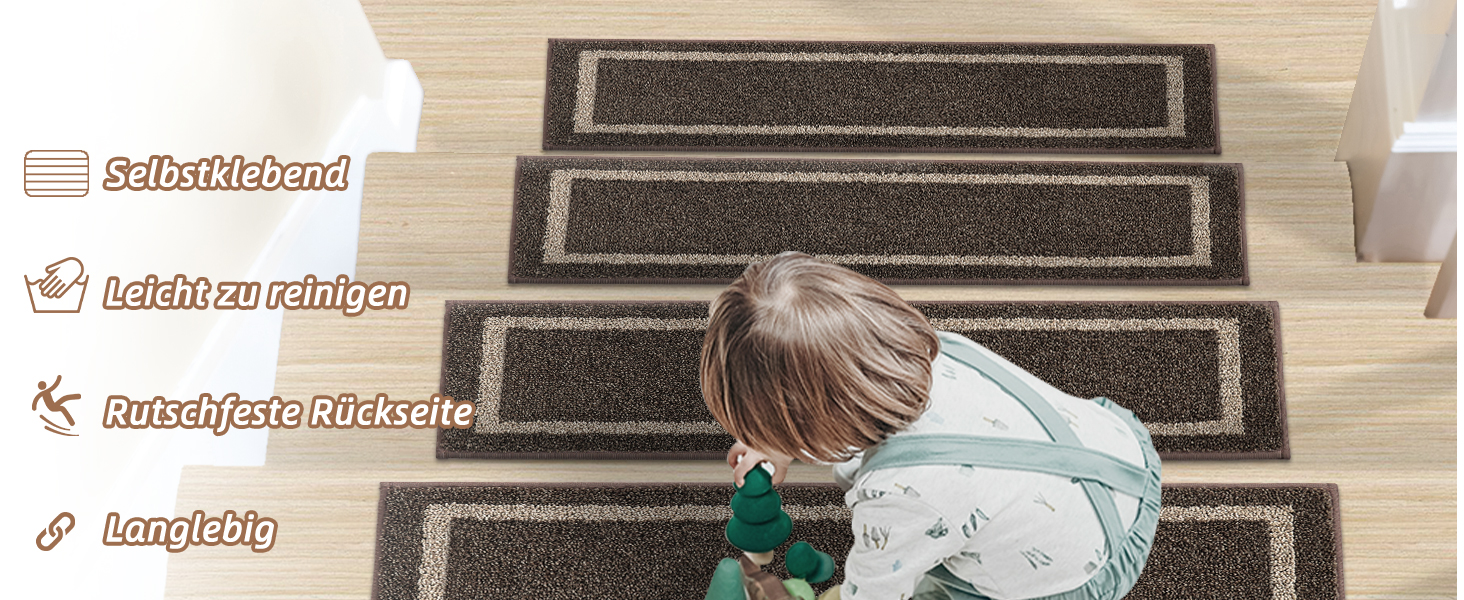 Килимок для сходин COSY HOMEER 70x22 см (15 шт.), самоклеючий, антиковзкий, для дому, машинного прання, 100% поліестер, TPE-підкладка (Коричневий, 4 шт.)
