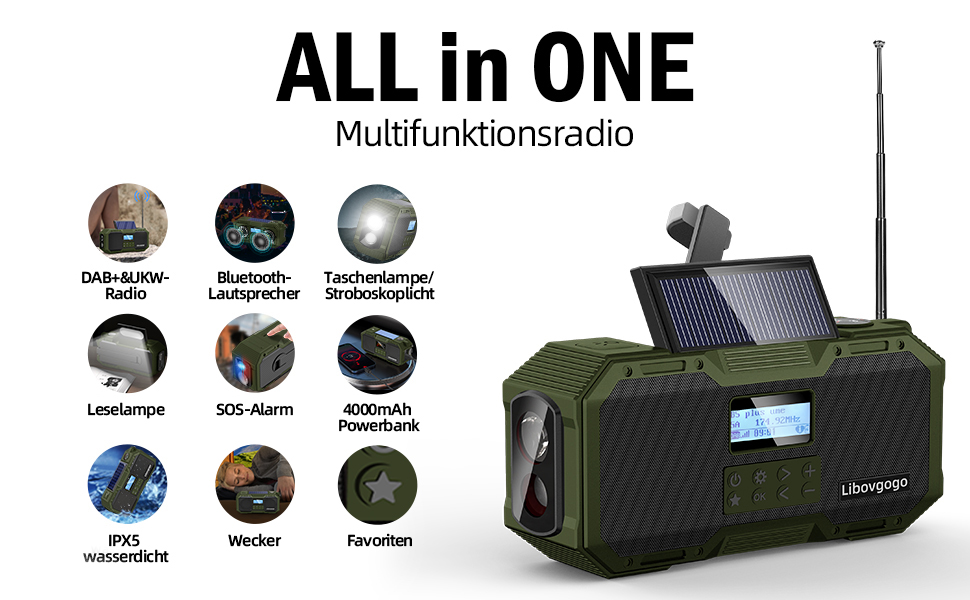 Портативне радіо Libovgogo DF-588D DAB+ FM з Bluetooth, водонепроникний динамік, радіо з ручкою, сонячна панель, Powerbank 4000mAh, ліхтарик, стробоскоп, нічник, будильник, SOS