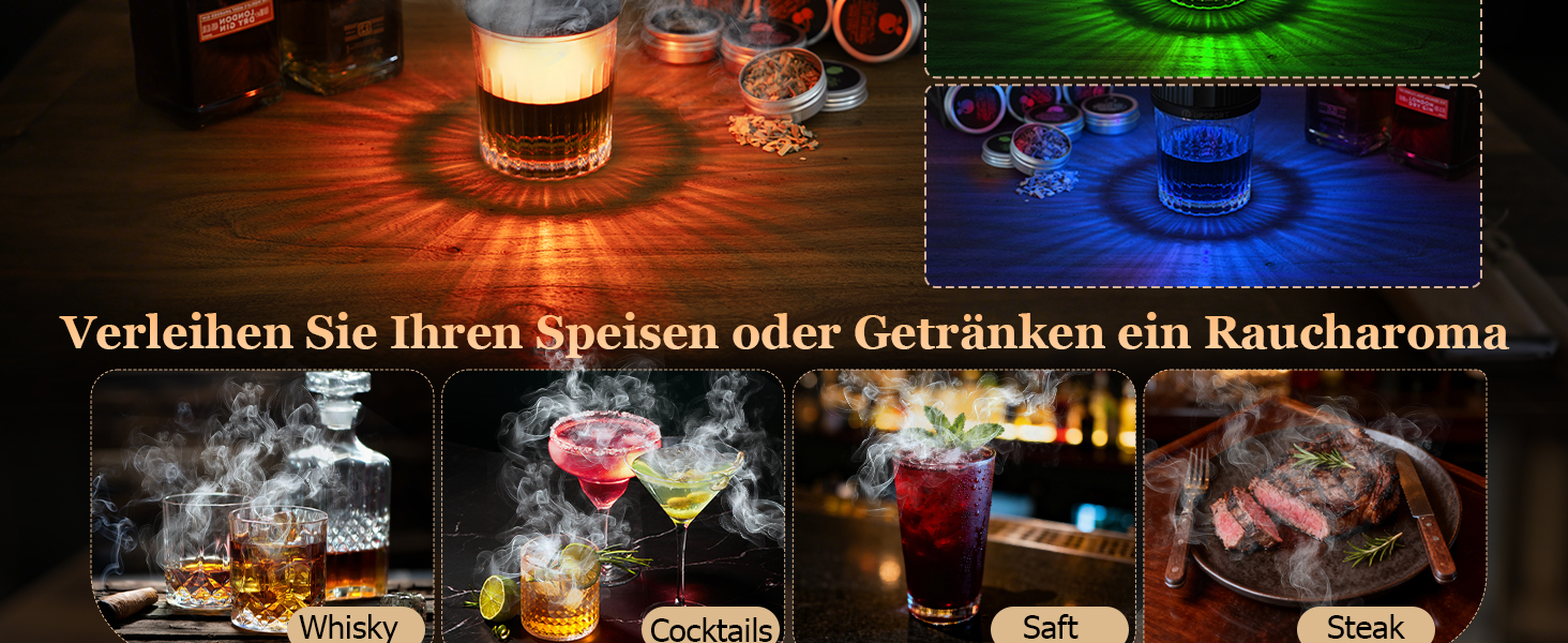 Електричний набір для копчення коктейлів з 4 режимами підсвічування, перезаряджуваний, для віскі, 6 дерев'яних стружок, без бутану, подарунок для чоловіків, батьків, коханих FY01