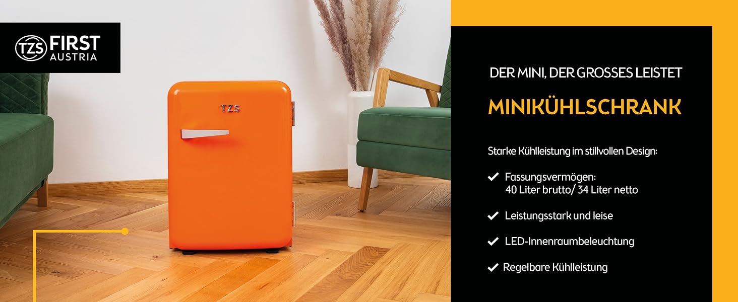 Міні-холодильник TZS First Austria 40L, безшумний, ретро-дизайн, регулювання температури, LED-підсвітка, 2 полиці на дверях + 6 регульованих полиць, оранжевий