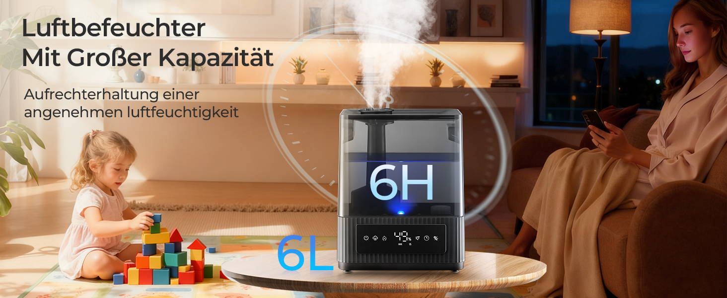 Зволожувач повітря 6L для великих приміщень, холодний туман, тихий, з аромадифузором, для дитячої кімнати, спальні, рослин, 60 год роботи, точний датчик вологості, верхнє заповнення