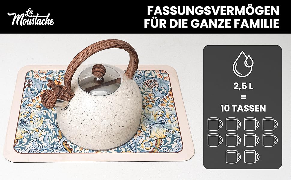 Чайник La Moustache Induktion: 2,5 л, 10 чашок, з нержавіючої сталі, з термостійким ручками та кришкою, для всіх плит (Бежевий)