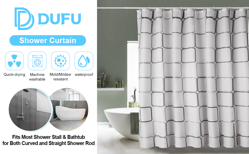 Водостійкий душовий завіс DUFU, 180x200 см, білий, з 12 кільцями