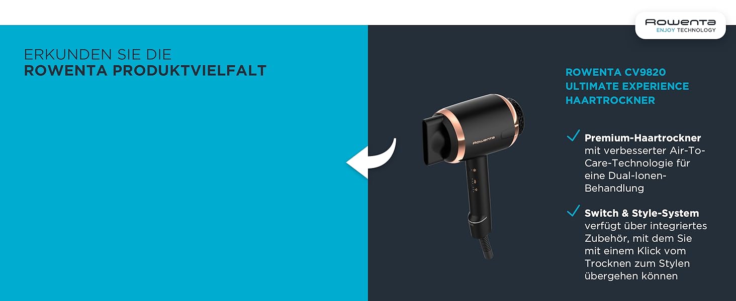 Фен Rowenta CV6030 Haartrockner Eco Intelligence Instant Dry з технологією Air Booster | 1500 Вт, 3 температури, 2 швидкості, холодне повітря, чорний