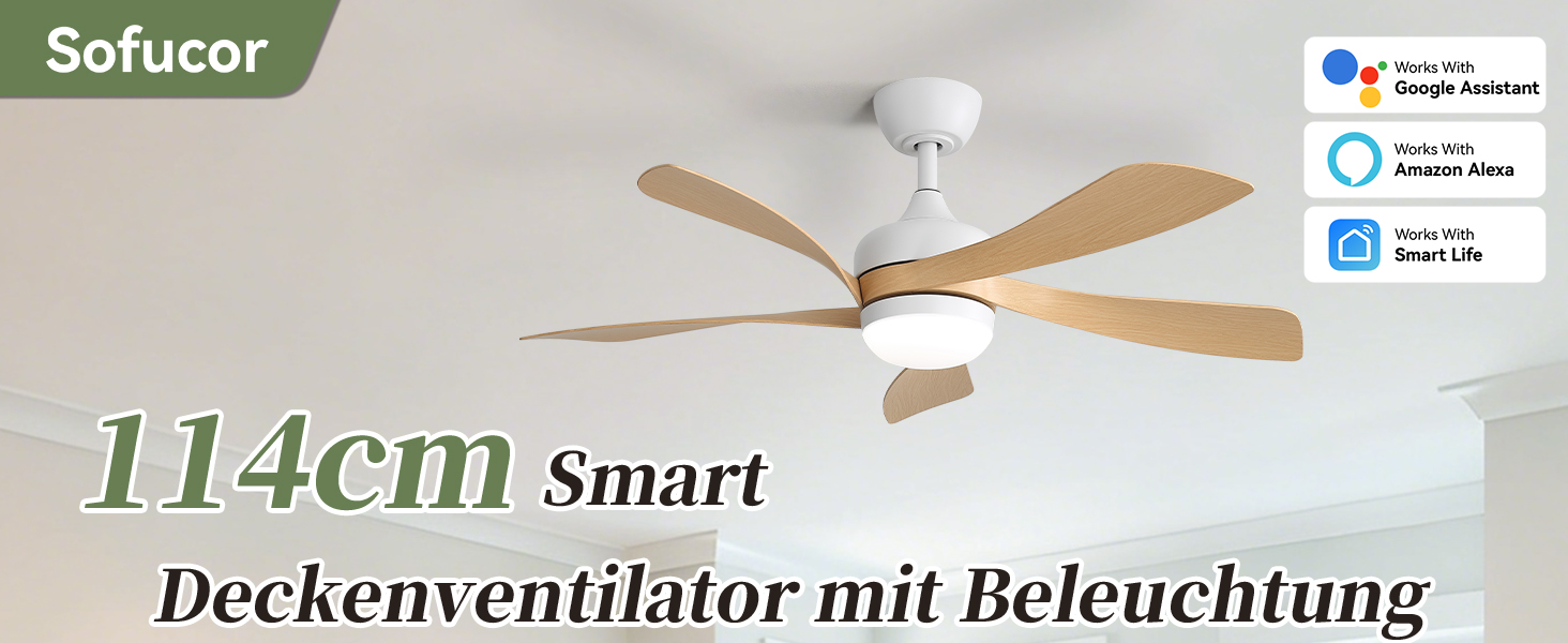 Стельовий вентилятор з підсвічуванням Sofucor Smart 132 см, управління Alexa/APP, пульт, 3 режими світла, таймер, 6 швидкостей, тихий DC мотор для вітальні (колір Log)