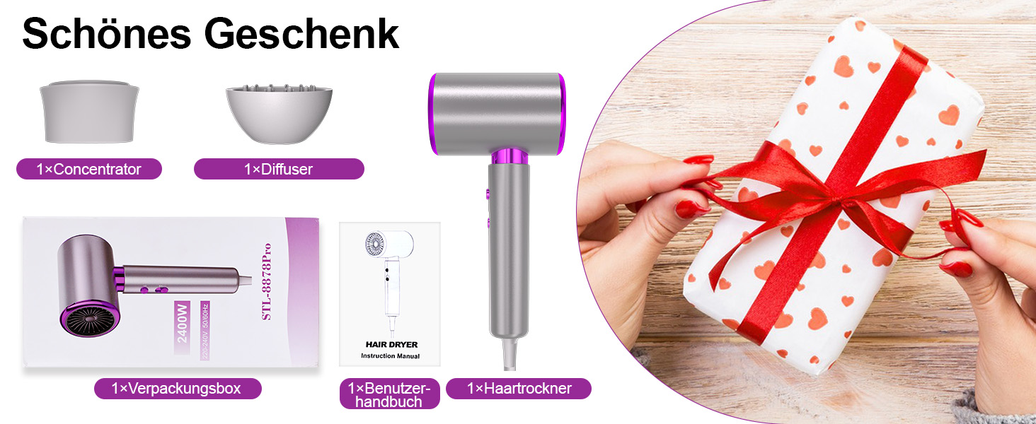 Фен іонний 2000W з 3 температурами та 2 швидкостями, гарячі/холодні кнопки, дифузор та вентиляційні отвори, портативний