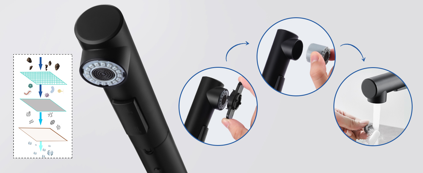 Висувна кухонна змішувач з душем, 360° поворот, кухонна арматура з двома режимами струменя, з нержавіючої сталі, чорний, з висувною насадкою