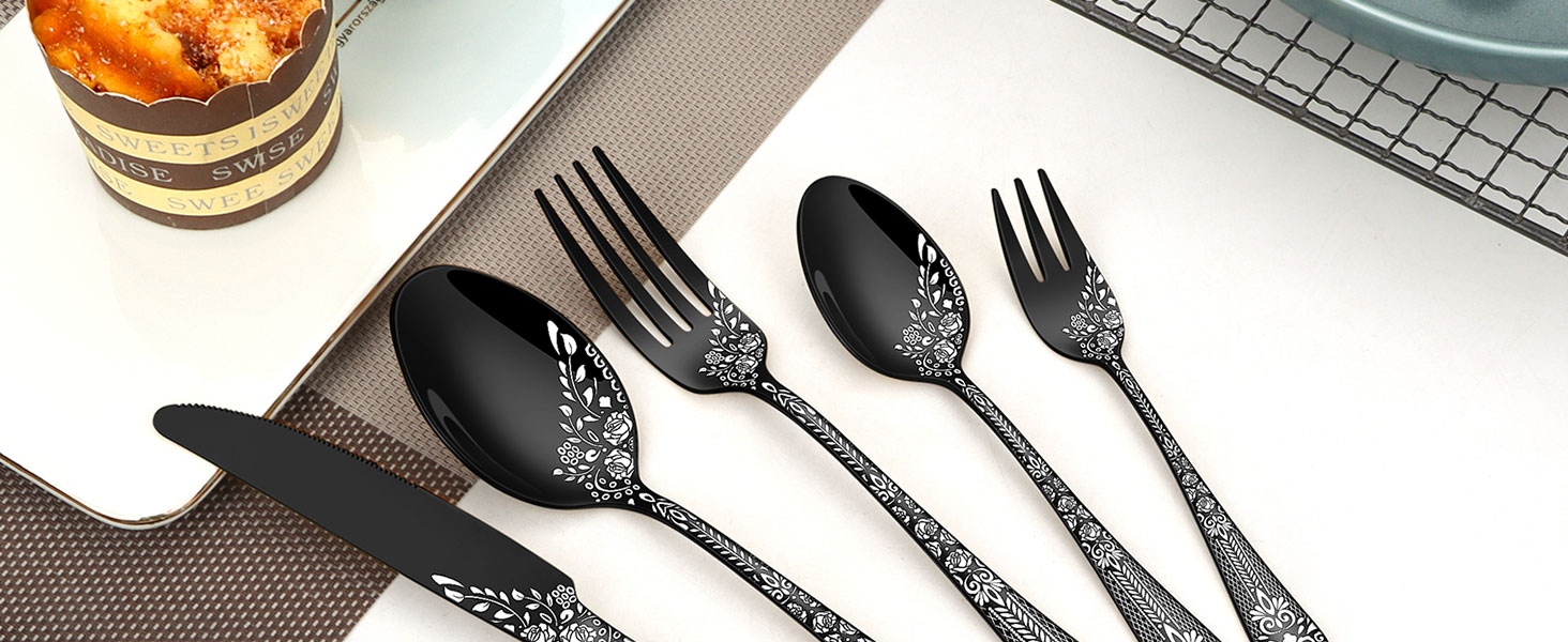 Набір столових приборів на 6 осіб HONKKU, 30 предметів, нержавіюча сталь, з ножами для стейку, чорний, безпечний для мийки посуду