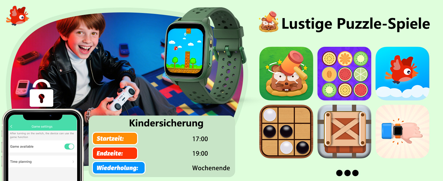 Дитячий розумний годинник Kinder з 140 спортивними режимами, фітнес-трекер, вимірювання пульсу, ігри-головоломки, IP68 вологозахист, без використання додатку/телефону, подарунок для хлопчиків-підлітків 6-15 років, зелений