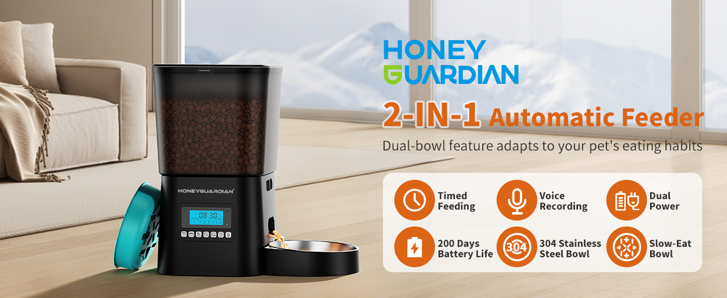 Автоматичний годівник для котів HoneyGuaridan з 2 мисками, 3.5L, для 2 котів, розподіл корму, запис голосу, 1-6 прийомів їжі на день (Чорний, Простий)