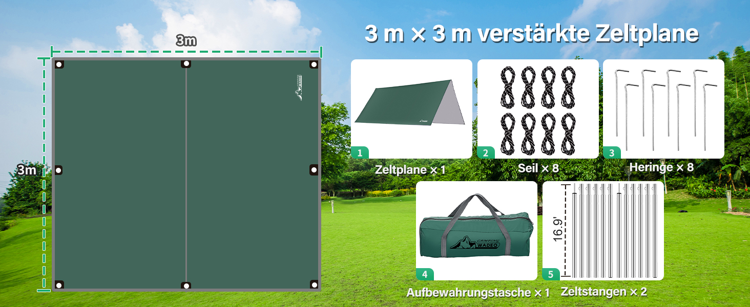 Тент для кемпінгу WADEO, 4x3 м, водовідштовхувальний, з кілочками та мотузками, ультралегкий, для відпочинку на природі, хакі (зелений)
