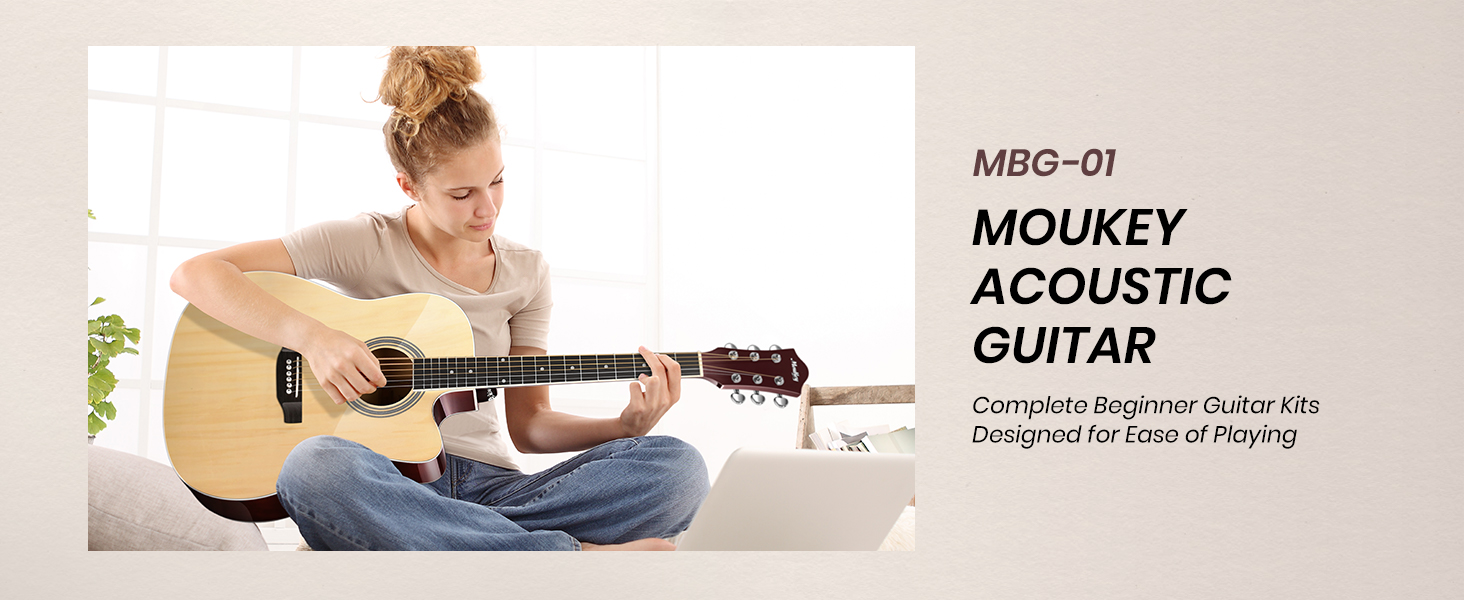 Акустична гітара Moukey 4/4 для початківців та дорослих з аксесуарами: мешок, тюнер, струни, каподастр, ремінь