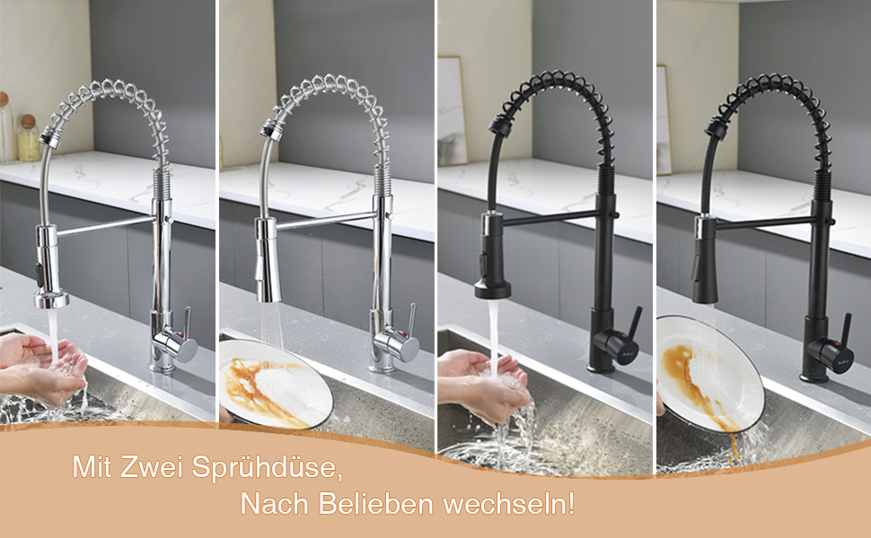 Чорний кухонний змішувач з витяжною лійкою, 360° поворот, 2 режими, нержавіюча сталь