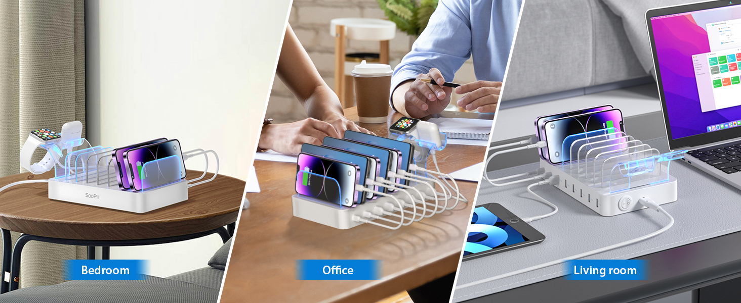 SooPii Зарядна станція USB-C 8 портів з PD 20W, кабель USB 8 шт., тримач для Apple Watch та AirPods - Біла
