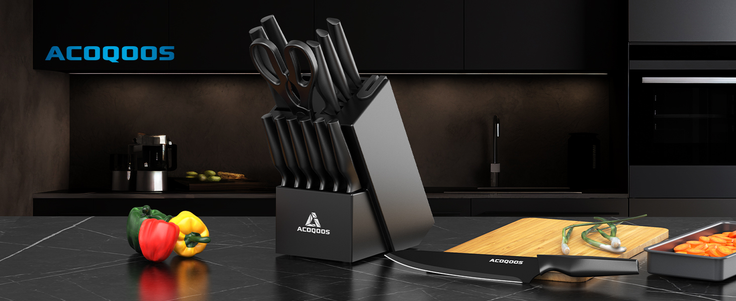 ACOQOOS 14-Piece Knife Set with Block and Sharpener - Professional Kitchen Knife Set, Black