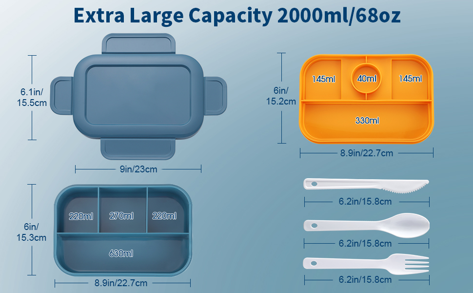 Ланчбокс для дорослих Sinnsally, 2000 мл, з відділеннями, Bento Box, з посудом, зелений