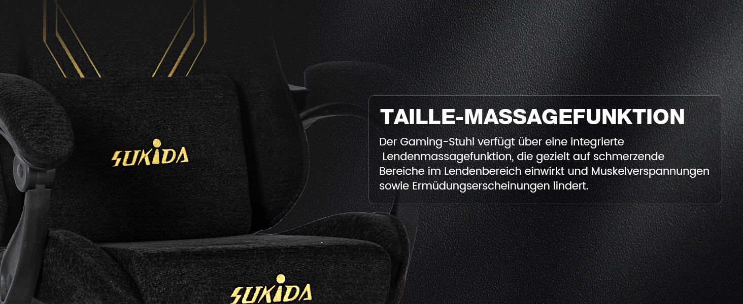 Ігрове крісло SUKIDA Ergonomic з тканини шеніль, з підставкою для ніг, підголівником та поперековою підтримкою, дихаючий матеріал, навантаження до 150 кг, чорне