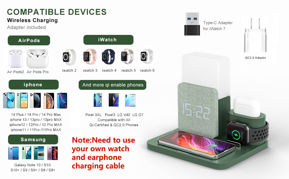 Бездротовий зарядний пристрій COLSUR 3 в 1: зарядка, нічник, будильник (зелений)