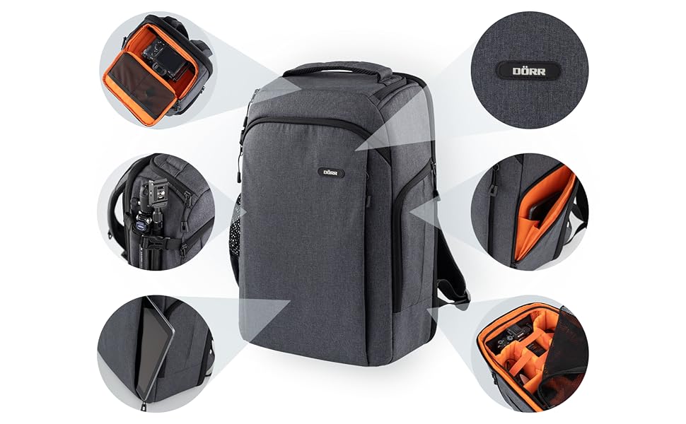 Рюкзак для фототехніки DÖRR Prag Pro 16L, водонепроникний, для DSLR/SLR, з відділенням для ноутбука 16 дюймів, знімні перегородки, кріплення для штатива, дронів, сірий