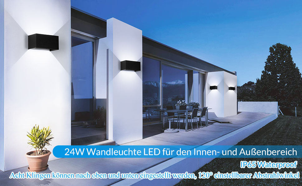 LED настінний світильник Cwycfw 24W, 2 шт., регульований світловий потік, чорний, тепле світло 3000K, IP65, вологостійкий